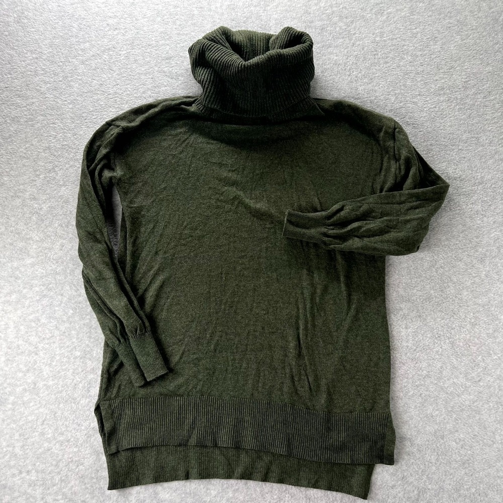 LOFT Sweater Womens Medium Green Knitted Relaxed Fit Turtleneck High Low Hem